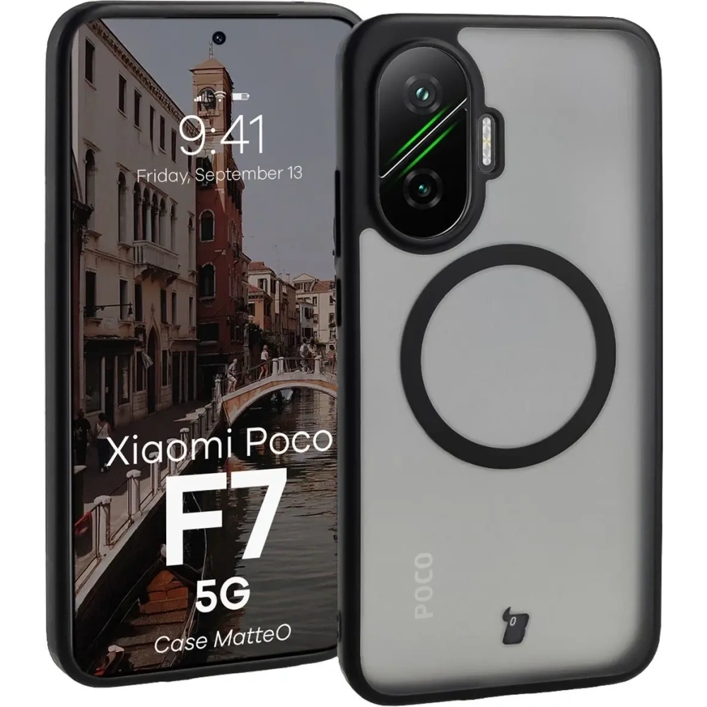 Etui z pierścieniem magnetycznym Bizon Case MatteO do Xiaomi POCO F7 przydymione-czarne