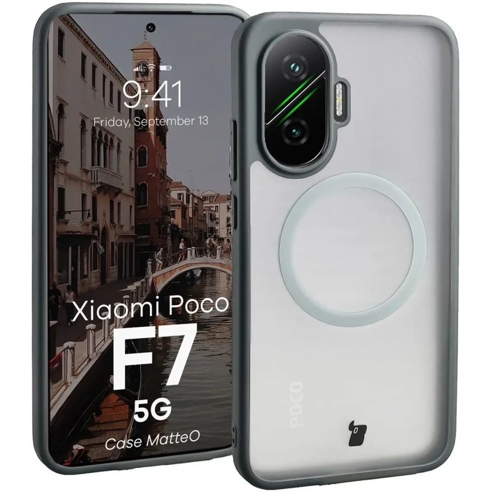 Etui z pierścieniem magnetycznym Bizon Case MatteO do Xiaomi POCO F7 przydymione-szare
