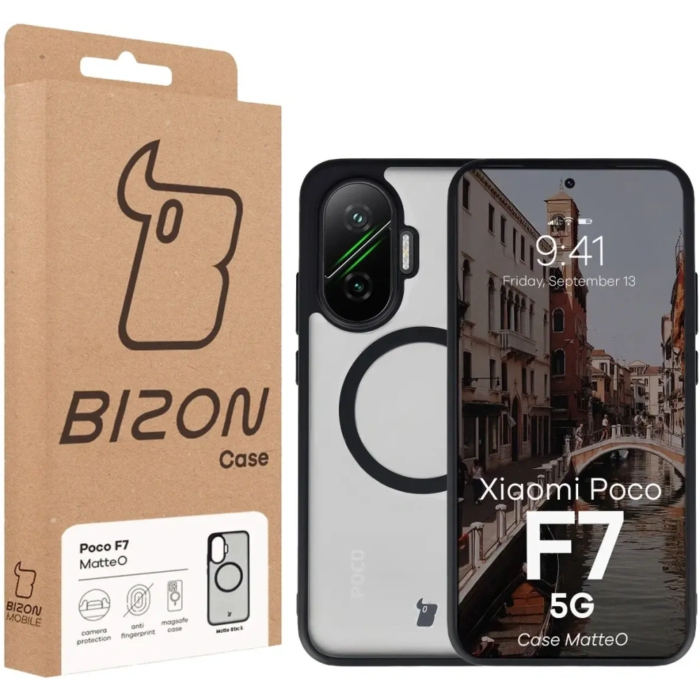 Etui z pierścieniem magnetycznym Bizon Case MatteO do Xiaomi POCO F7 przydymione-czarne