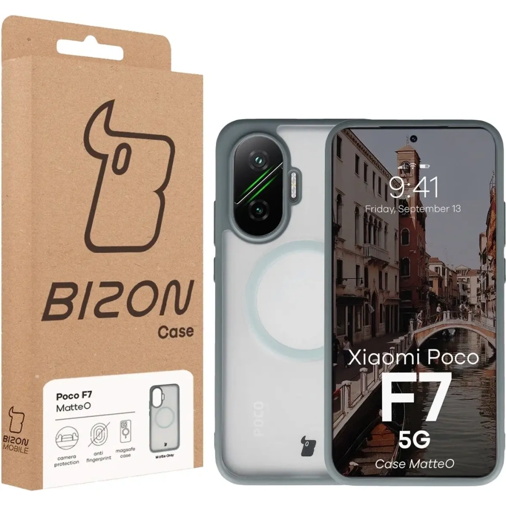 Etui z pierścieniem magnetycznym Bizon Case MatteO do Xiaomi POCO F7 przydymione-szare