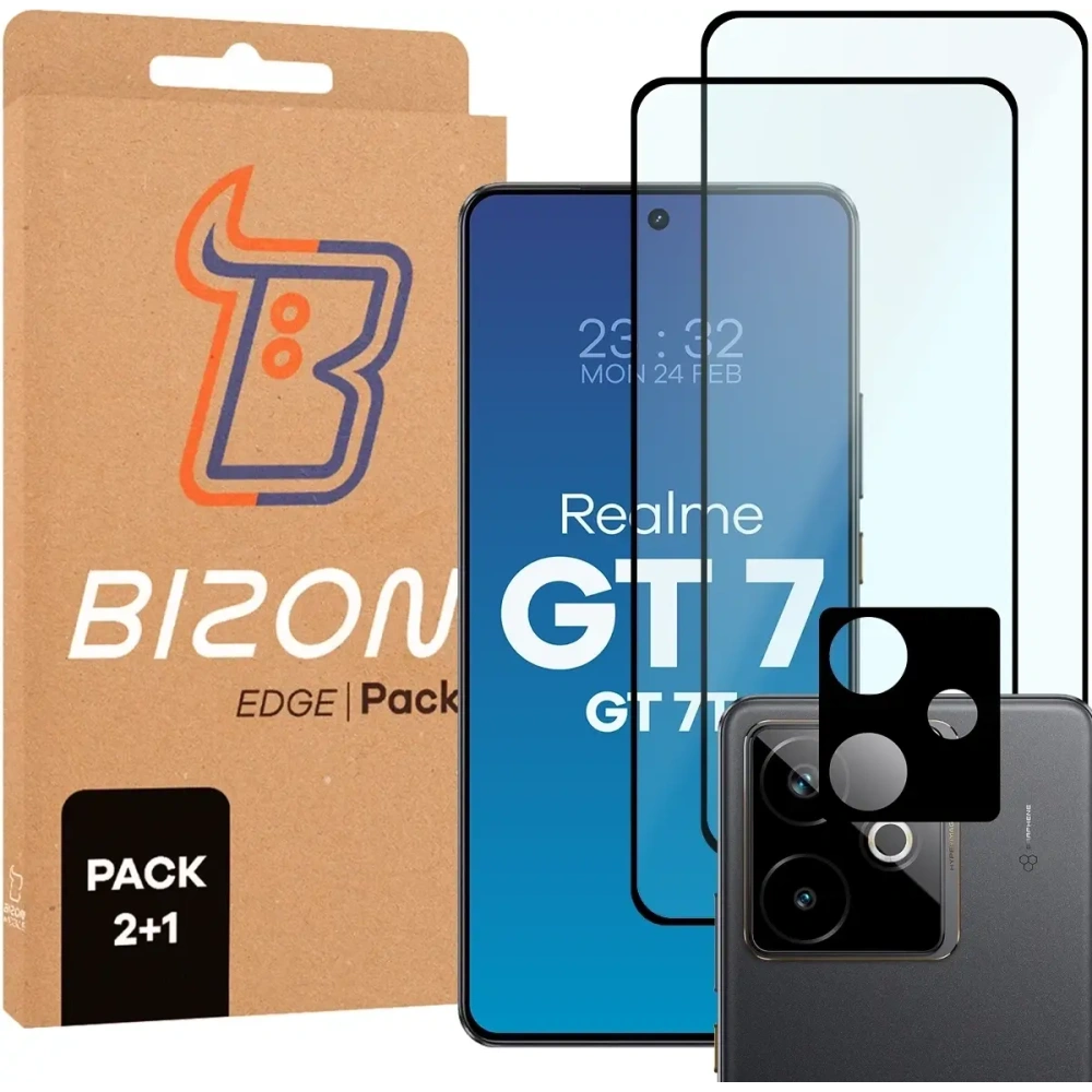 2x szkło na ekran + 1x szkło na aparat Bizon Edge 2 Pack do Realme GT 7 / 7T