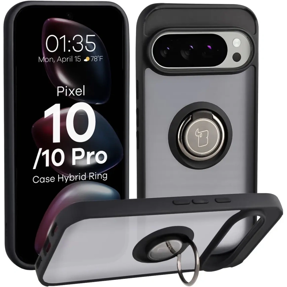 Etui z uchwytem na palec Bizon Case Hybrid Ring do Google Pixel 10 / 10 Pro przydymione z czarną ramką