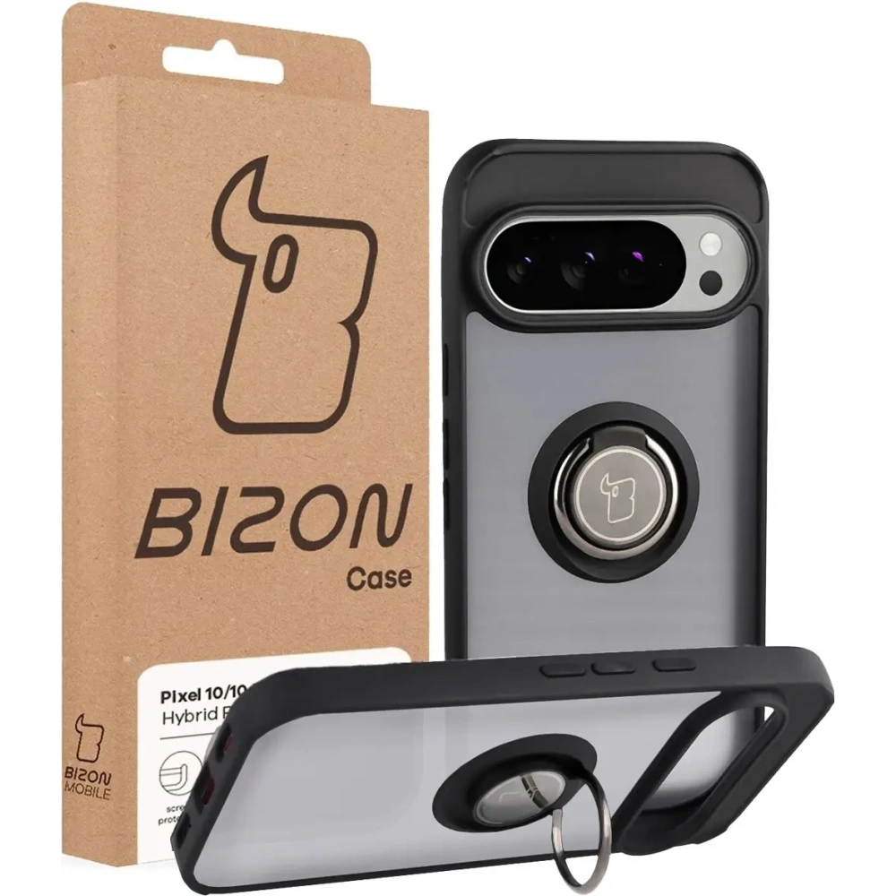 Etui z uchwytem na palec Bizon Case Hybrid Ring do Google Pixel 10 / 10 Pro przydymione z czarną ramką