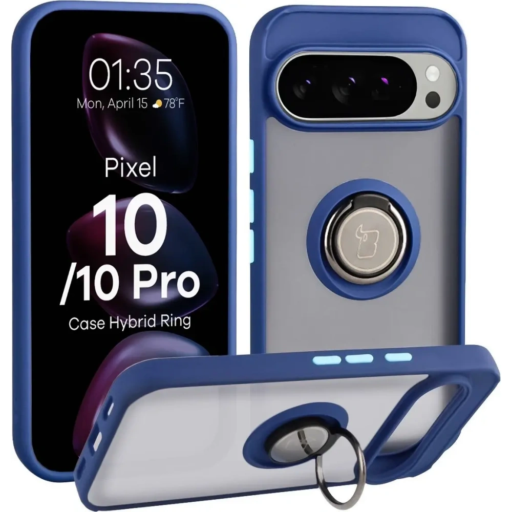 Etui z uchwytem na palec Bizon Case Hybrid Ring do Google Pixel 10 / 10 Pro przydymione z granatową ramką