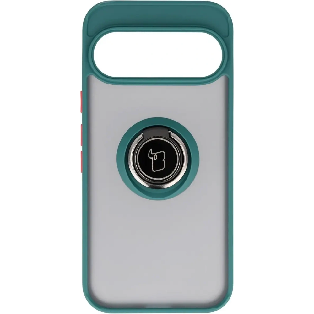 Etui z uchwytem na palec Bizon Case Hybrid Ring do Google Pixel 10 / 10 Pro przydymione z ciemnozieloną ramką