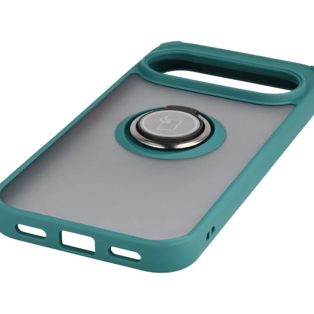 Etui z uchwytem na palec Bizon Case Hybrid Ring do Google Pixel 10 / 10 Pro przydymione z ciemnozieloną ramką