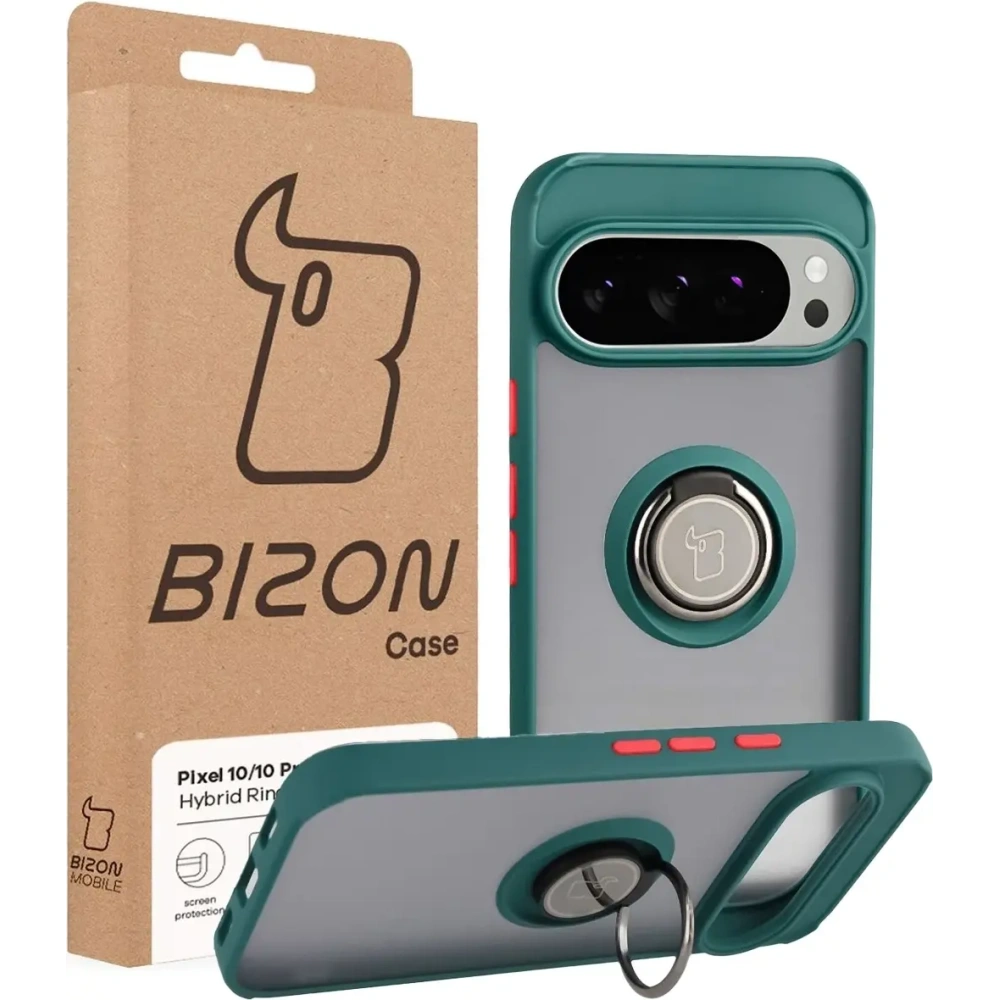 Etui z uchwytem na palec Bizon Case Hybrid Ring do Google Pixel 10 / 10 Pro przydymione z ciemnozieloną ramką