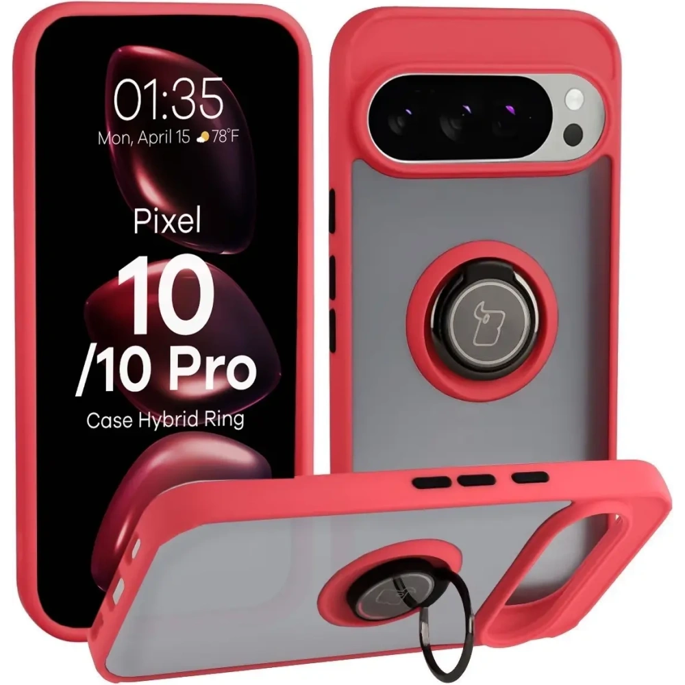 Etui z uchwytem na palec Bizon Case Hybrid Ring do Google Pixel 10 / 10 Pro przydymione z czerwoną ramką