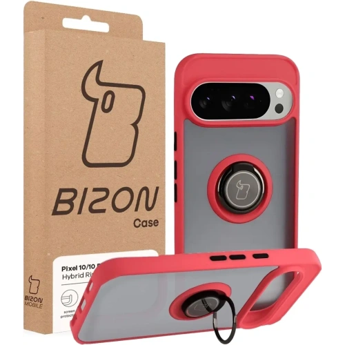 Etui z uchwytem na palec Bizon Case Hybrid Ring do Google Pixel 10 / 10 Pro przydymione z czerwoną ramką