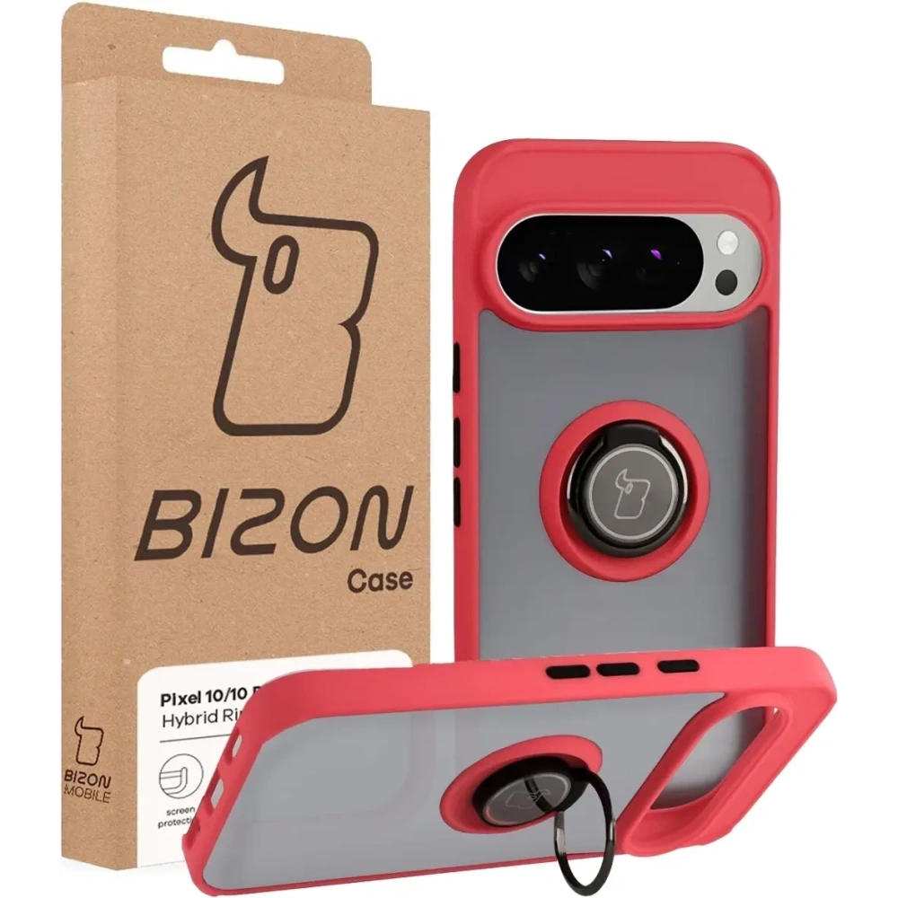 Etui z uchwytem na palec Bizon Case Hybrid Ring do Google Pixel 10 / 10 Pro przydymione z czerwoną ramką