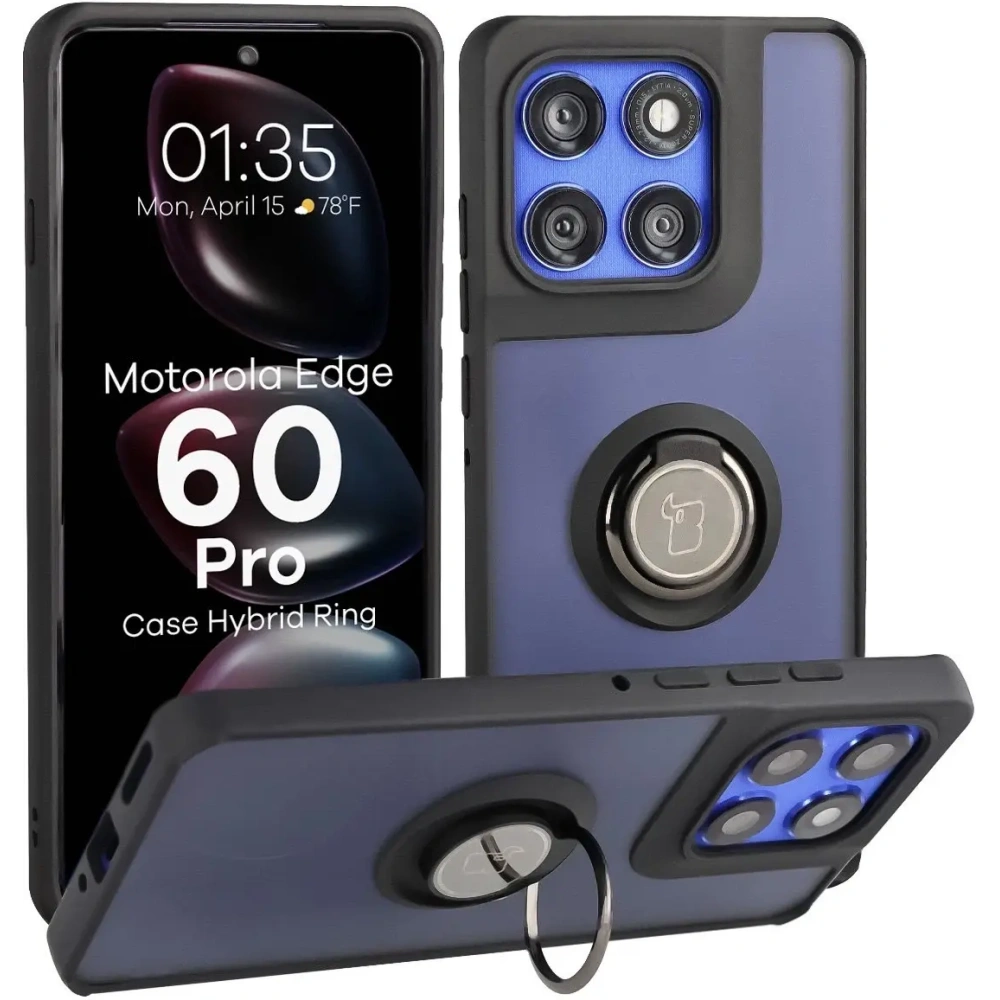 Etui z uchwytem na palec Bizon Case Hybrid Ring do Motorola Edge 60 Pro przydymione z czarną ramką