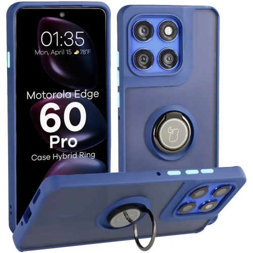Etui z uchwytem na palec Bizon Case Hybrid Ring do Motorola Edge 60 Pro przydymione z granatową ramką