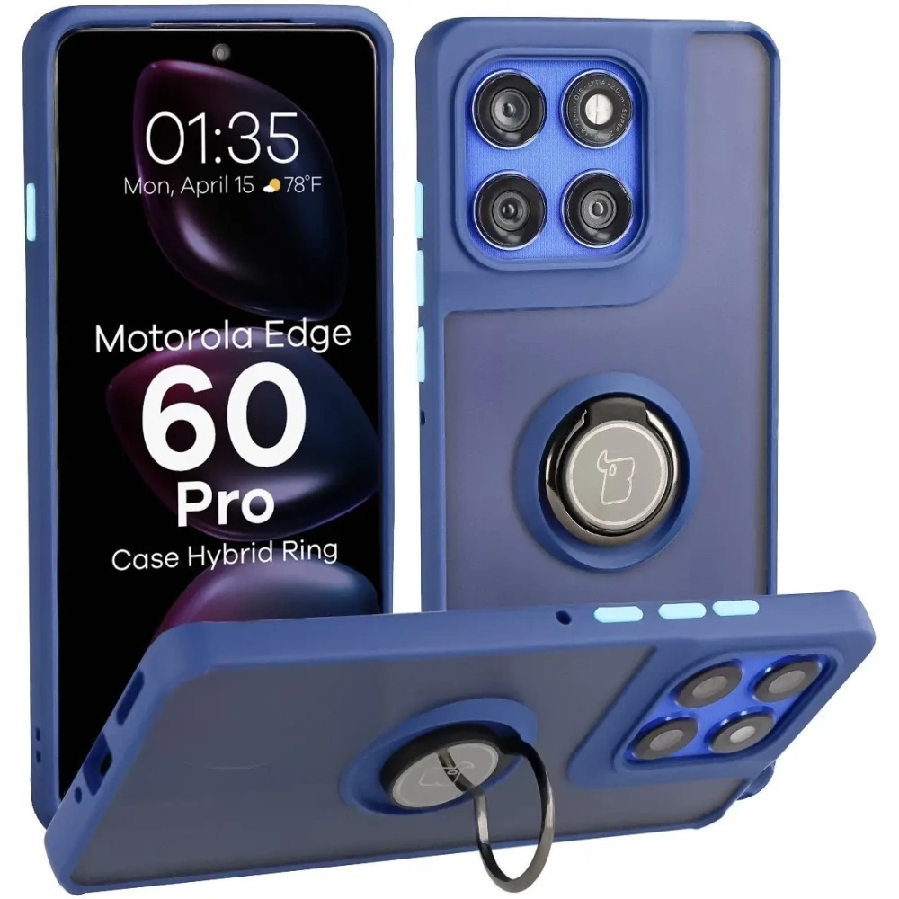 Etui z uchwytem na palec Bizon Case Hybrid Ring do Motorola Edge 60 Pro przydymione z granatową ramką