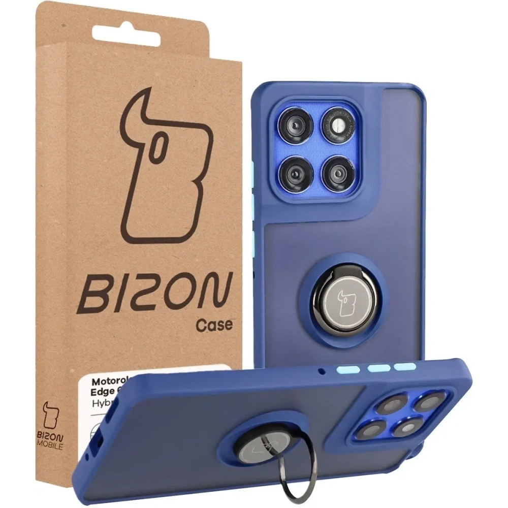 Etui z uchwytem na palec Bizon Case Hybrid Ring do Motorola Edge 60 Pro przydymione z granatową ramką