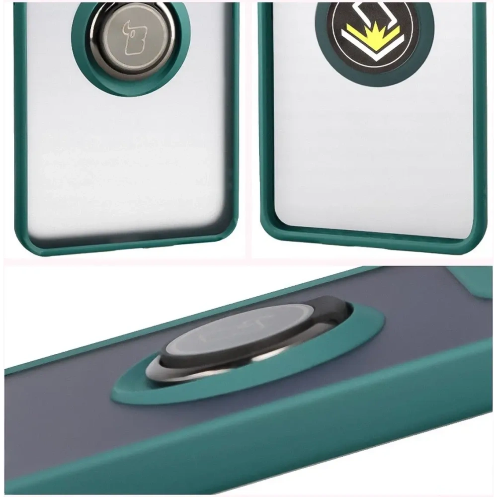 Etui z uchwytem na palec Bizon Case Hybrid Ring do Motorola Edge 60 Pro przydymione z ciemnozieloną ramką