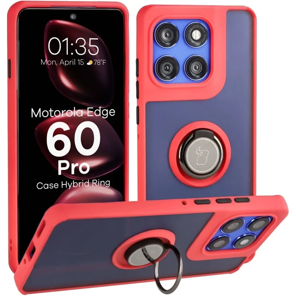 Etui z uchwytem na palec Bizon Case Hybrid Ring do Motorola Edge 60 Pro przydymione z czerwoną ramką