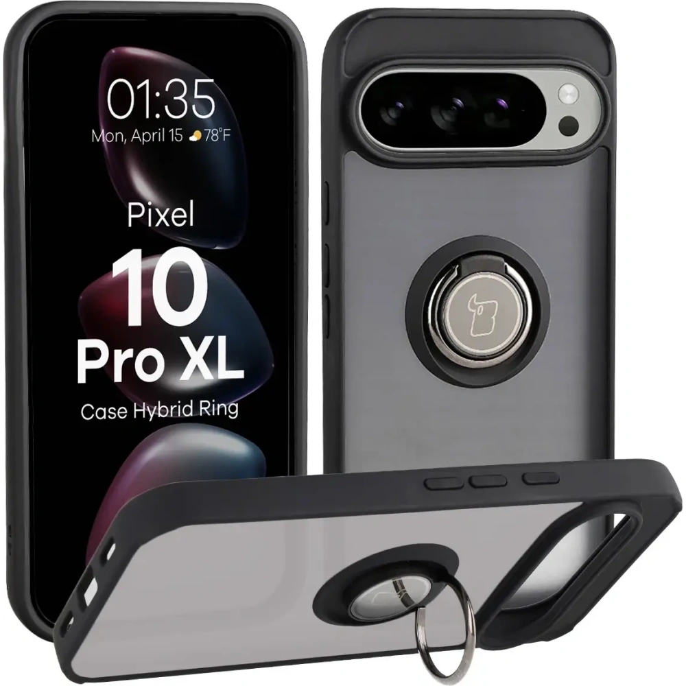 Etui z uchwytem na palec Bizon Case Hybrid Ring do Google Pixel 10 Pro XL przydymione z czarną ramką