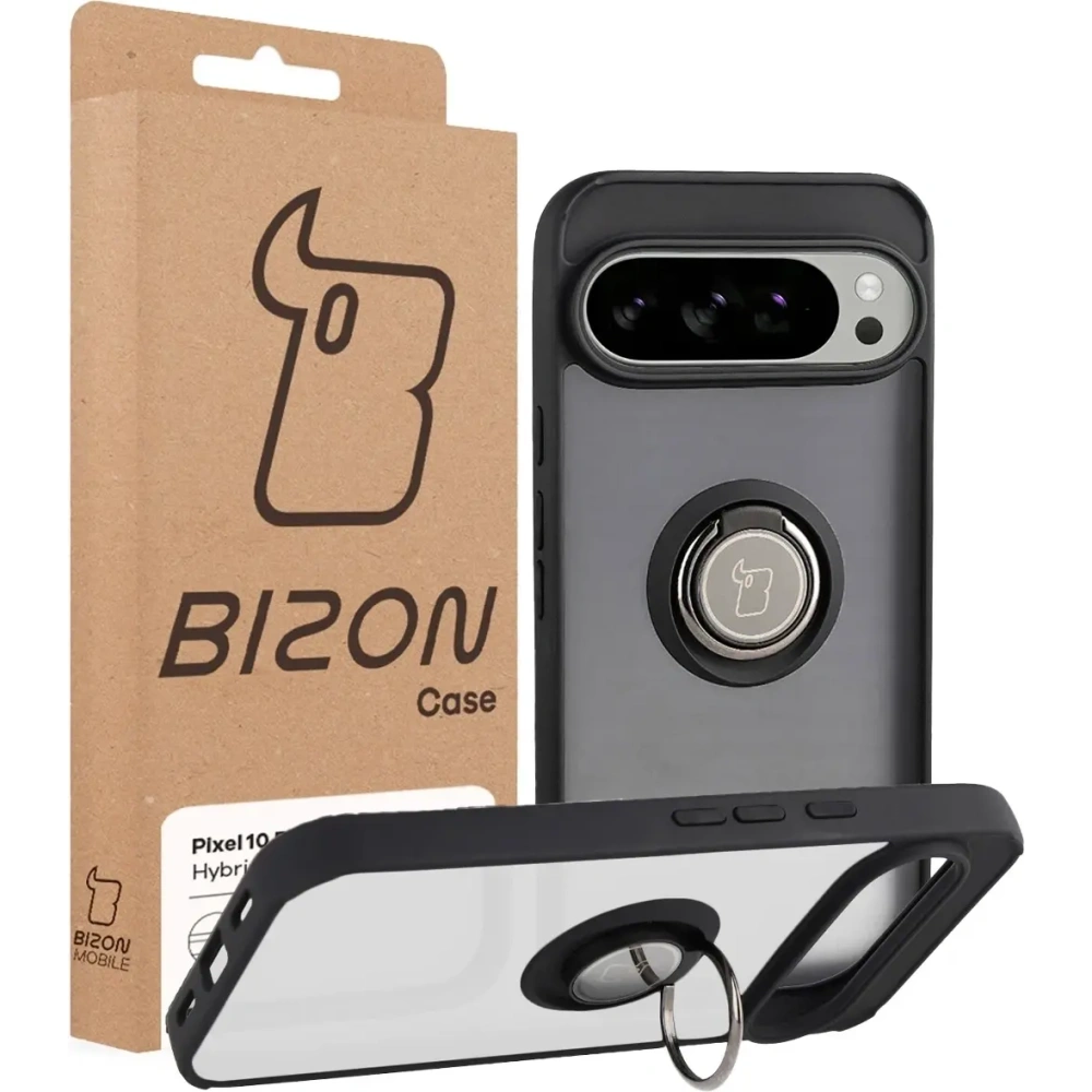 Etui z uchwytem na palec Bizon Case Hybrid Ring do Google Pixel 10 Pro XL przydymione z czarną ramką