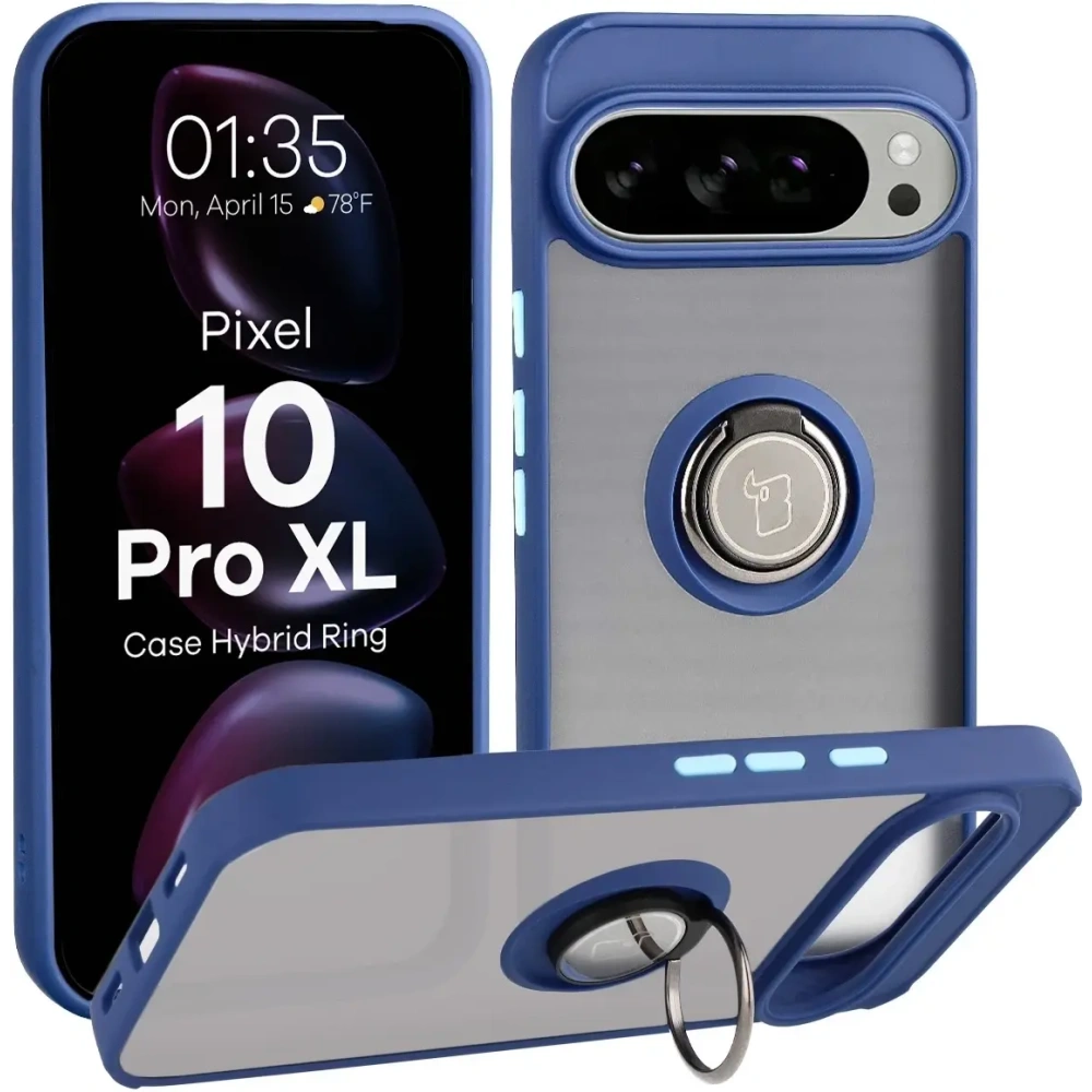 Etui z uchwytem na palec Bizon Case Hybrid Ring do Google Pixel 10 Pro XL przydymione z granatową ramką