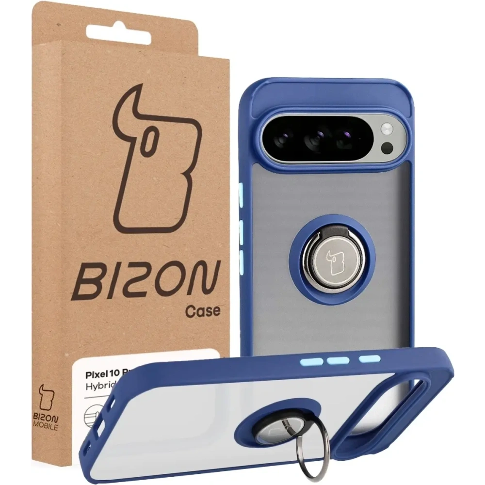 Etui z uchwytem na palec Bizon Case Hybrid Ring do Google Pixel 10 Pro XL przydymione z granatową ramką