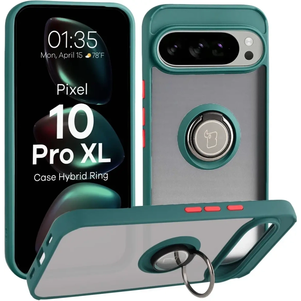 Etui z uchwytem na palec Bizon Case Hybrid Ring do Google Pixel 10 Pro XL przydymione z ciemnozieloną ramką
