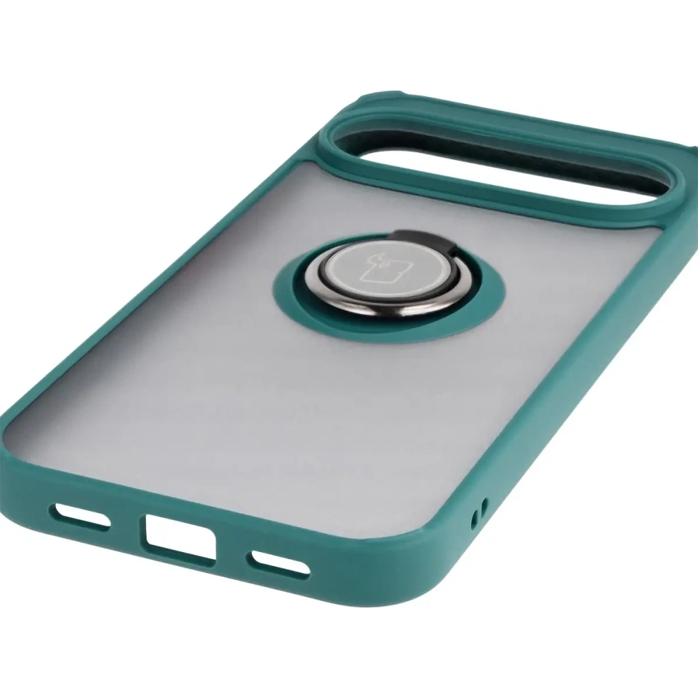 Etui z uchwytem na palec Bizon Case Hybrid Ring do Google Pixel 10 Pro XL przydymione z ciemnozieloną ramką