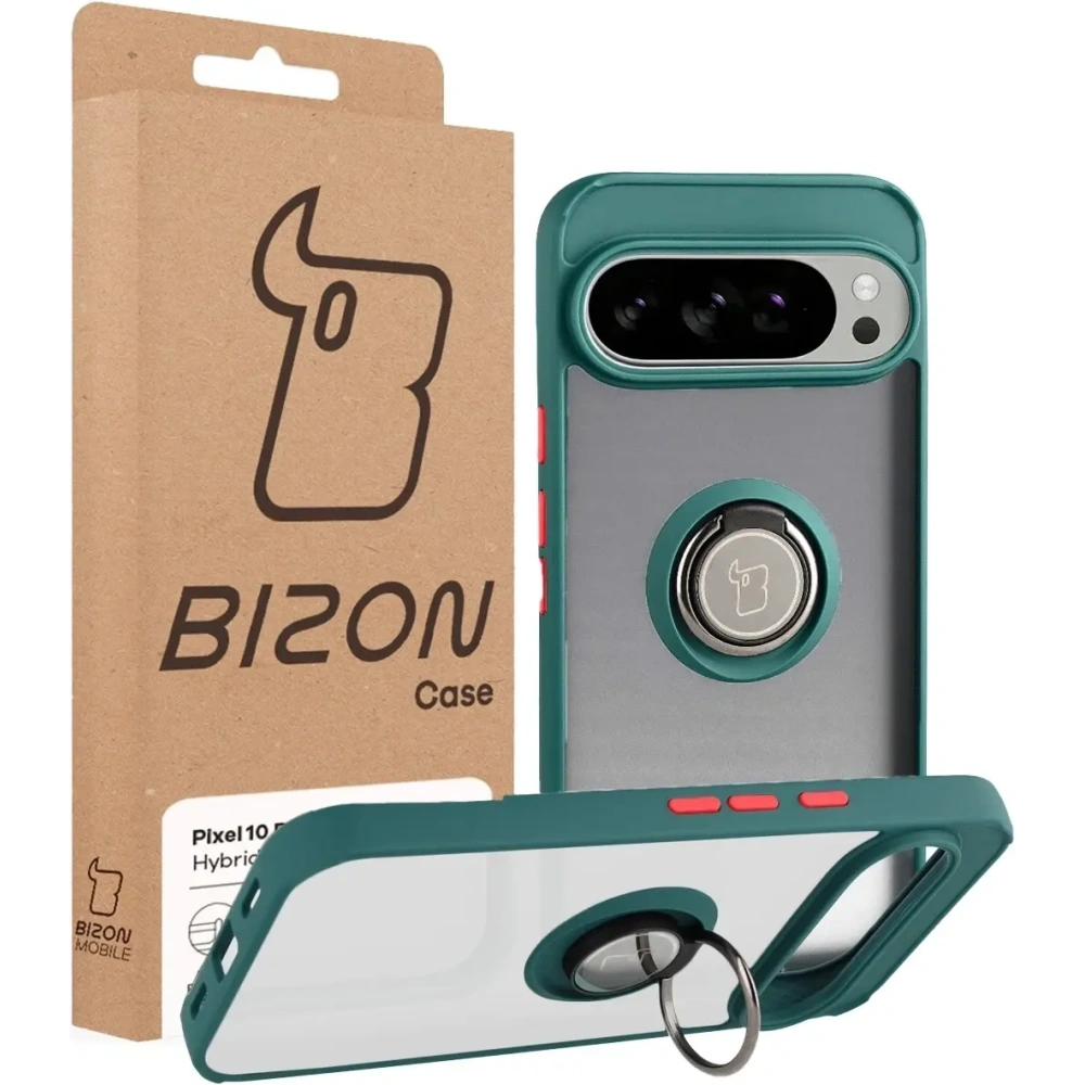 Etui z uchwytem na palec Bizon Case Hybrid Ring do Google Pixel 10 Pro XL przydymione z ciemnozieloną ramką