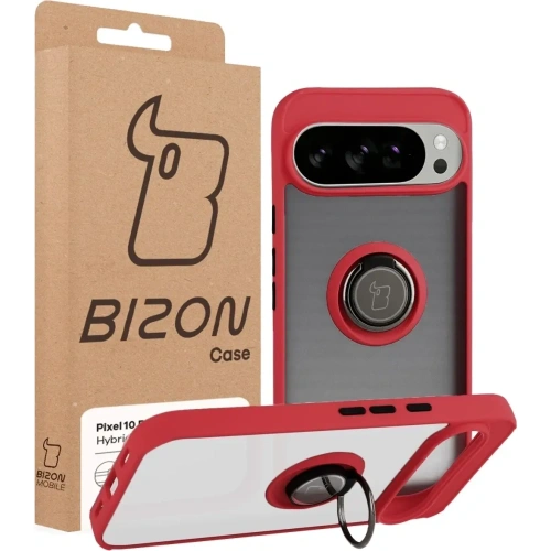 Etui z uchwytem na palec Bizon Case Hybrid Ring do Google Pixel 10 Pro XL przydymione z czerwoną ramką