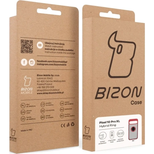 Etui z uchwytem na palec Bizon Case Hybrid Ring do Google Pixel 10 Pro XL przydymione z czerwoną ramką