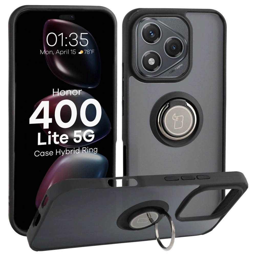 Etui z uchwytem na palec Bizon Case Hybrid Ring do Honor 400 Lite przydymione z czarną ramką