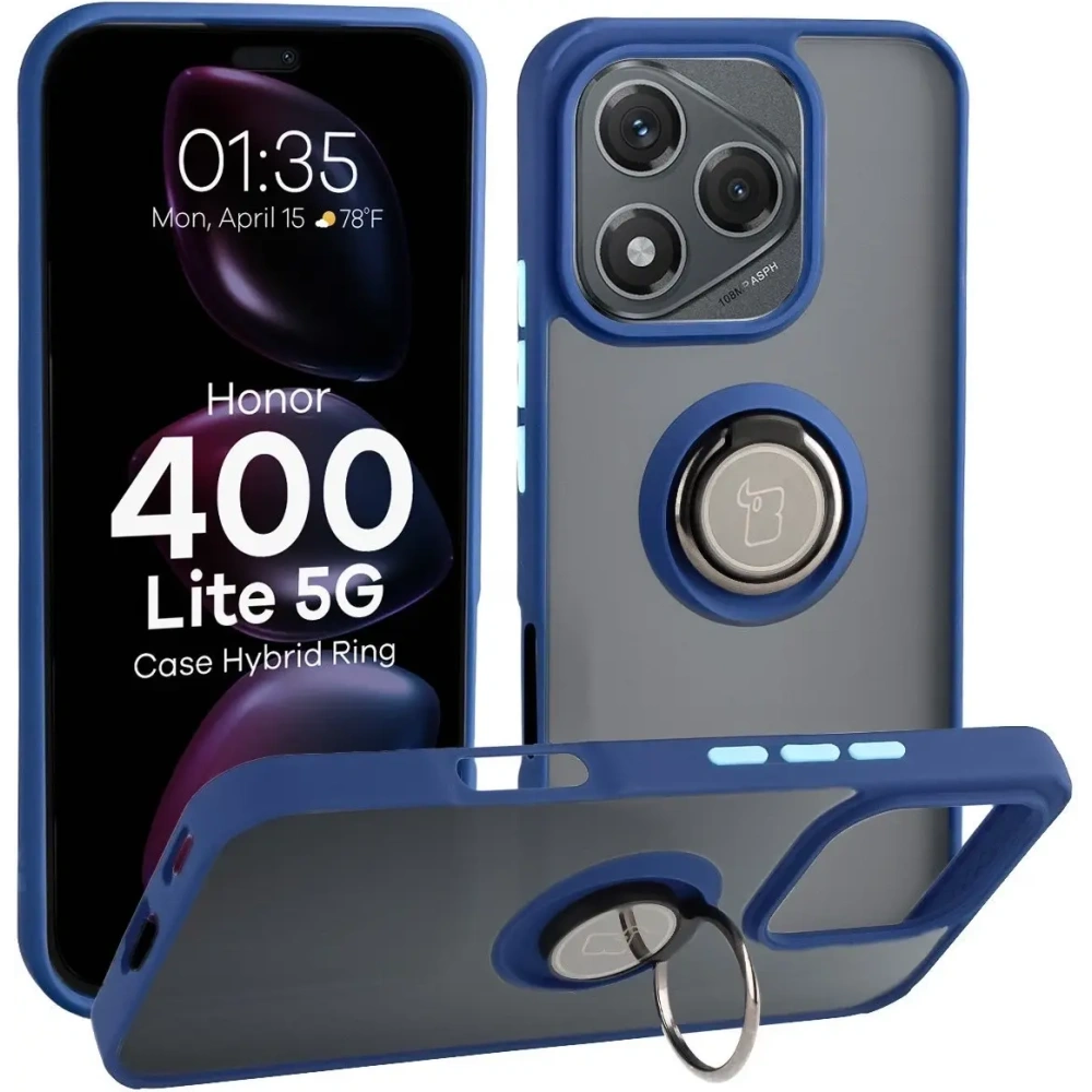 Etui z uchwytem na palec Bizon Case Hybrid Ring do Honor 400 Lite przydymione z granatową ramką