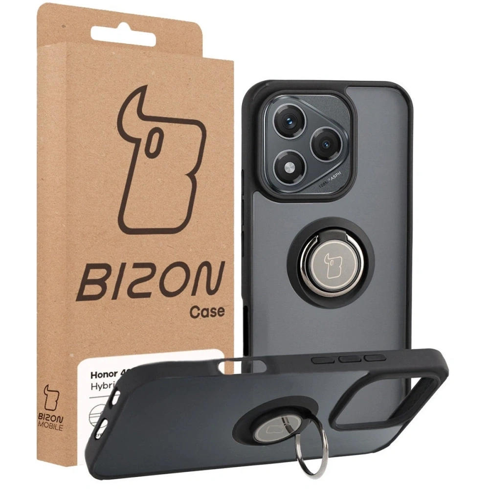 Etui z uchwytem na palec Bizon Case Hybrid Ring do Honor 400 Lite przydymione z czarną ramką