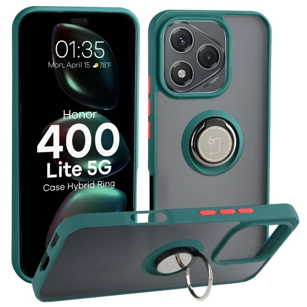 Etui z uchwytem na palec Bizon Case Hybrid Ring do Honor 400 Lite przydymione z ciemnozieloną ramką