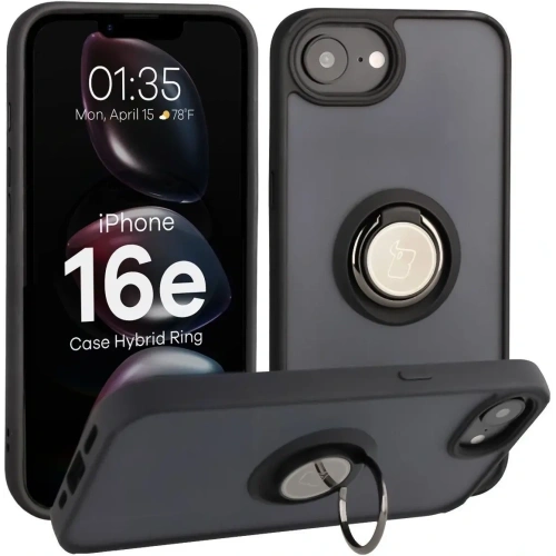 Etui z uchwytem na palec Bizon Case Hybrid Ring do Apple iPhone 16e przydymione z czarną ramką