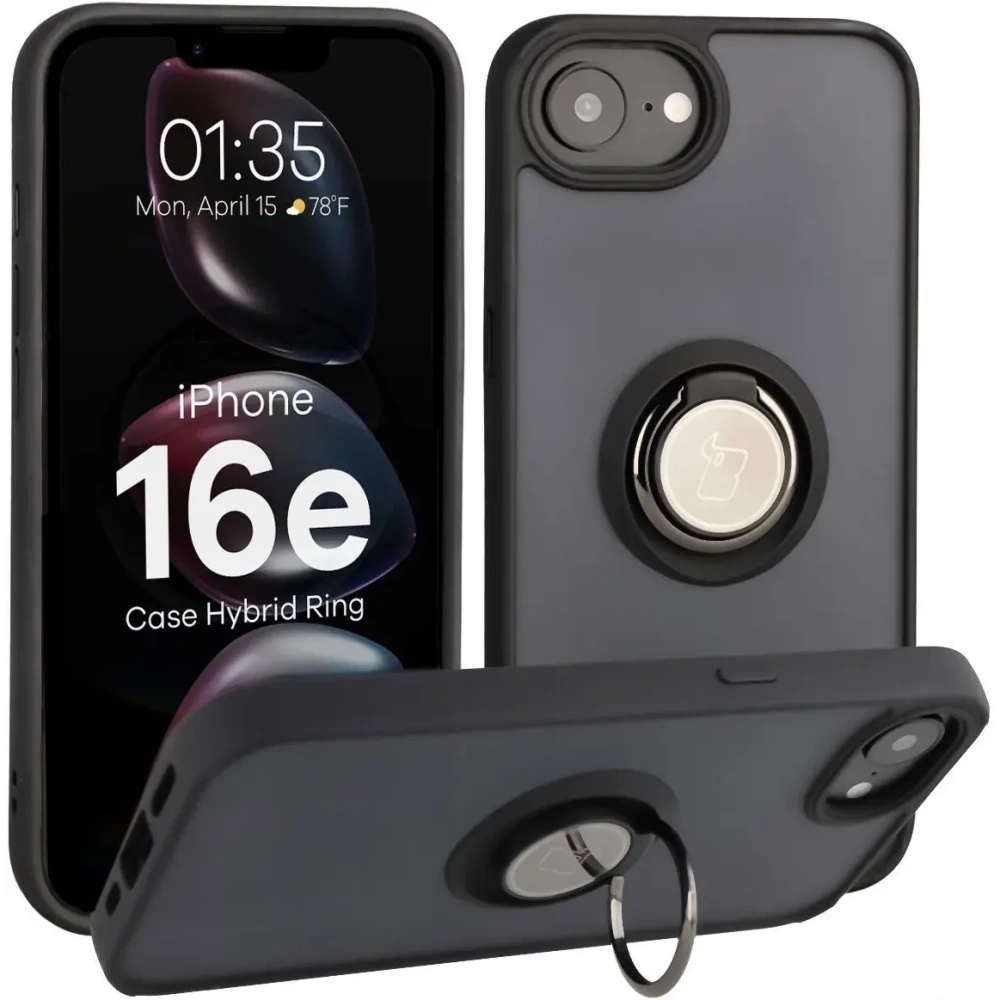 Etui z uchwytem na palec Bizon Case Hybrid Ring do Apple iPhone 16e przydymione z czarną ramką
