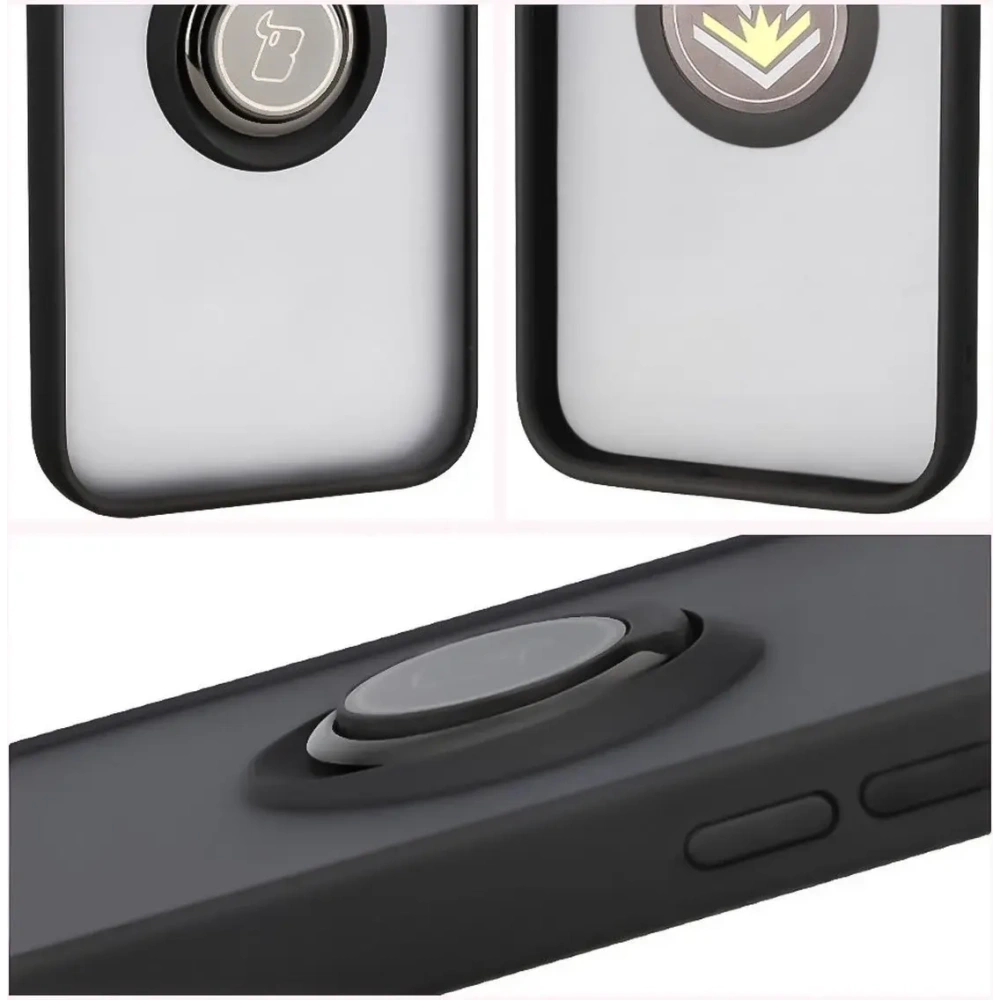 Etui z uchwytem na palec Bizon Case Hybrid Ring do Apple iPhone 16e przydymione z czarną ramką