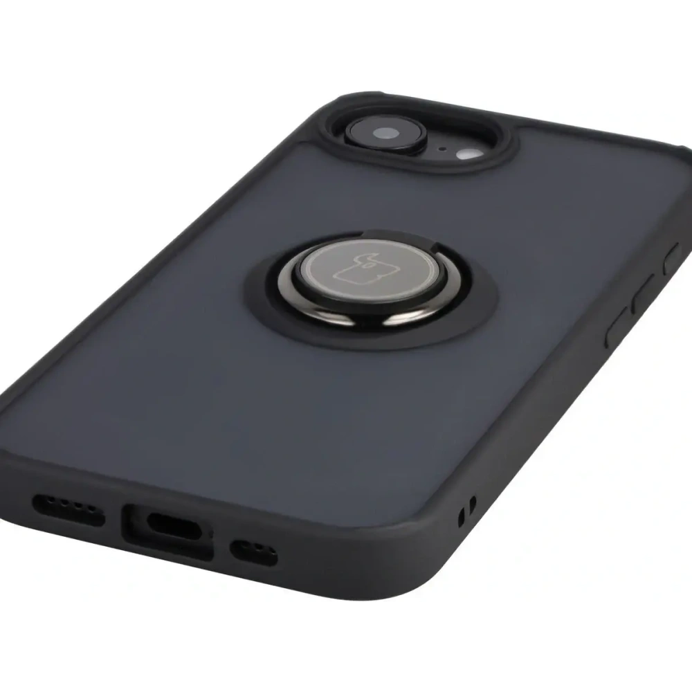 Etui z uchwytem na palec Bizon Case Hybrid Ring do Apple iPhone 16e przydymione z czarną ramką