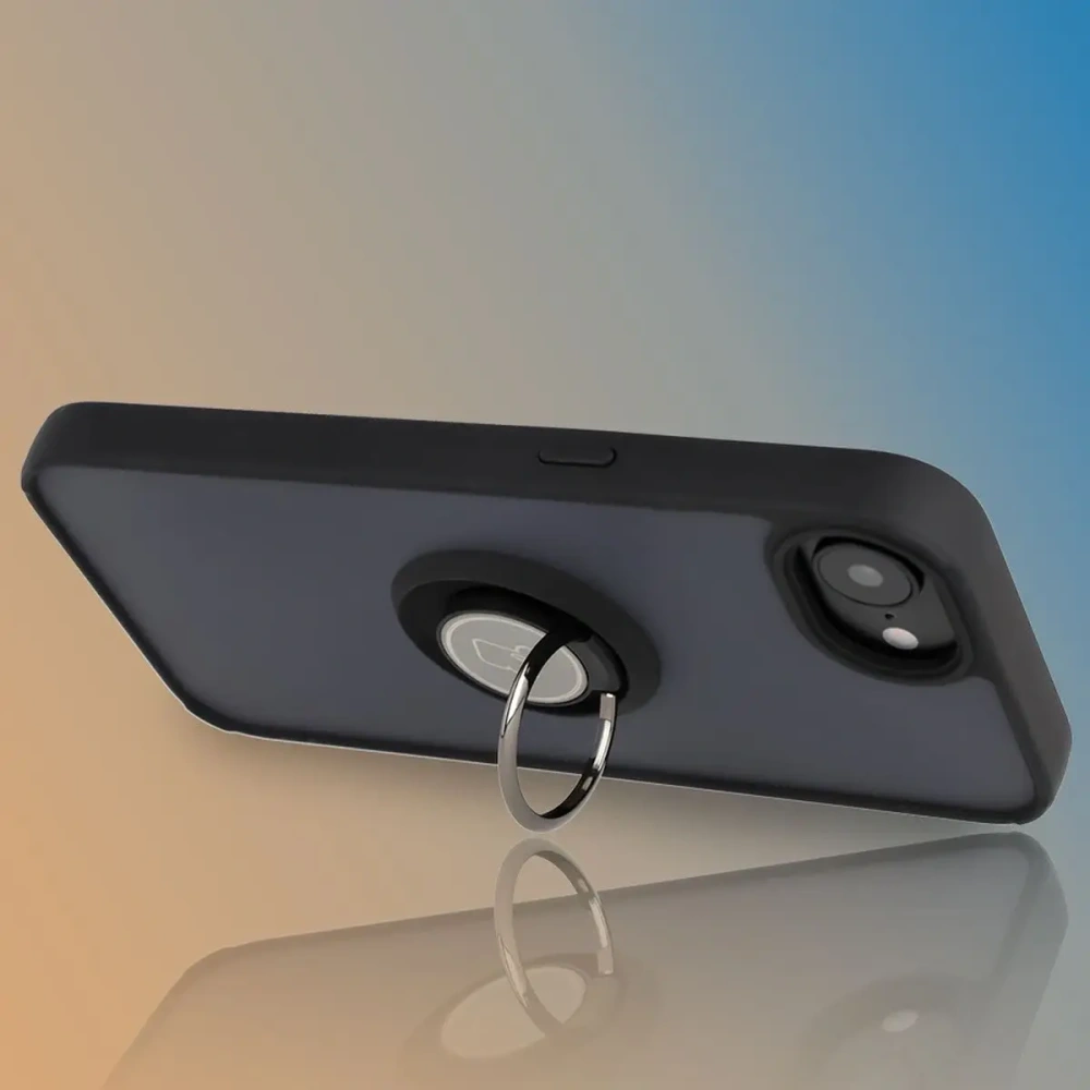 Etui z uchwytem na palec Bizon Case Hybrid Ring do Apple iPhone 16e przydymione z czarną ramką