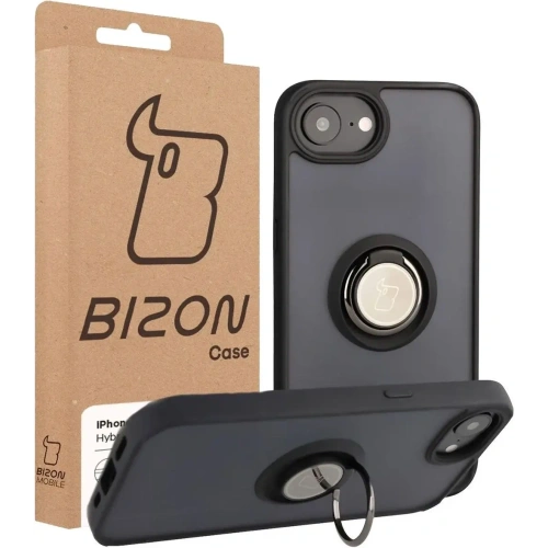 Etui z uchwytem na palec Bizon Case Hybrid Ring do Apple iPhone 16e przydymione z czarną ramką