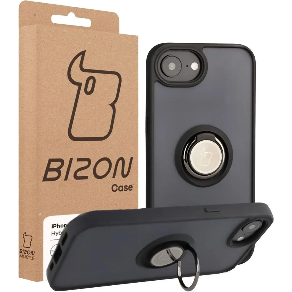 Etui z uchwytem na palec Bizon Case Hybrid Ring do Apple iPhone 16e przydymione z czarną ramką