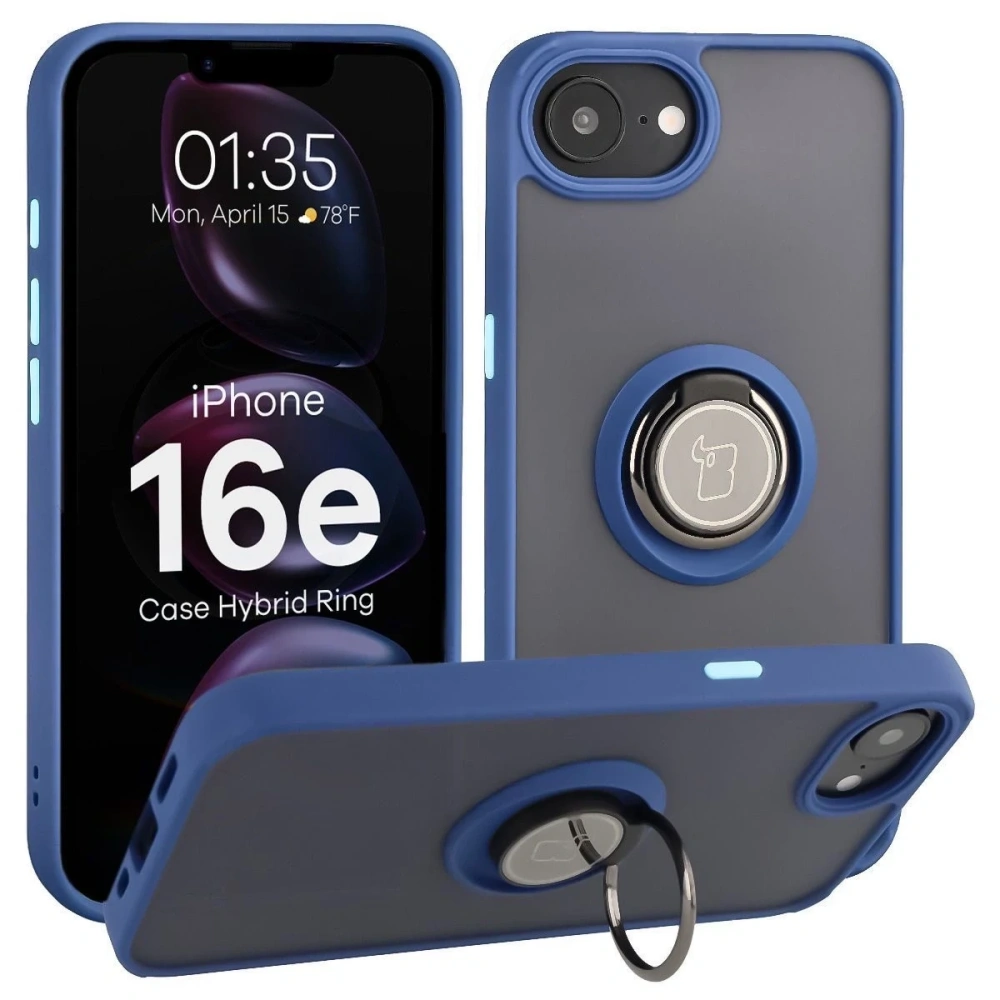 Etui z uchwytem na palec Bizon Case Hybrid Ring do Apple iPhone 16e przydymione z granatową ramką