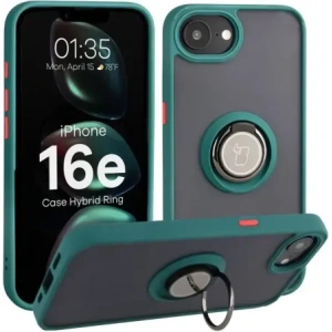 Etui z uchwytem na palec Bizon Case Hybrid Ring do Apple iPhone 16e przydymione z ciemnozieloną ramką