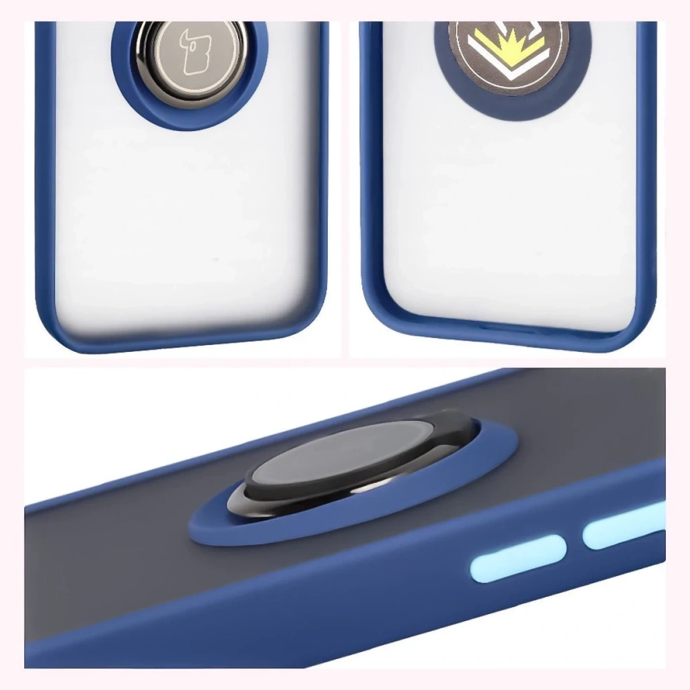 Etui z uchwytem na palec Bizon Case Hybrid Ring do Apple iPhone 16e przydymione z granatową ramką