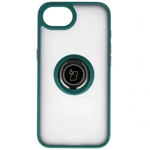 Etui z uchwytem na palec Bizon Case Hybrid Ring do Apple iPhone 16e przydymione z ciemnozieloną ramką