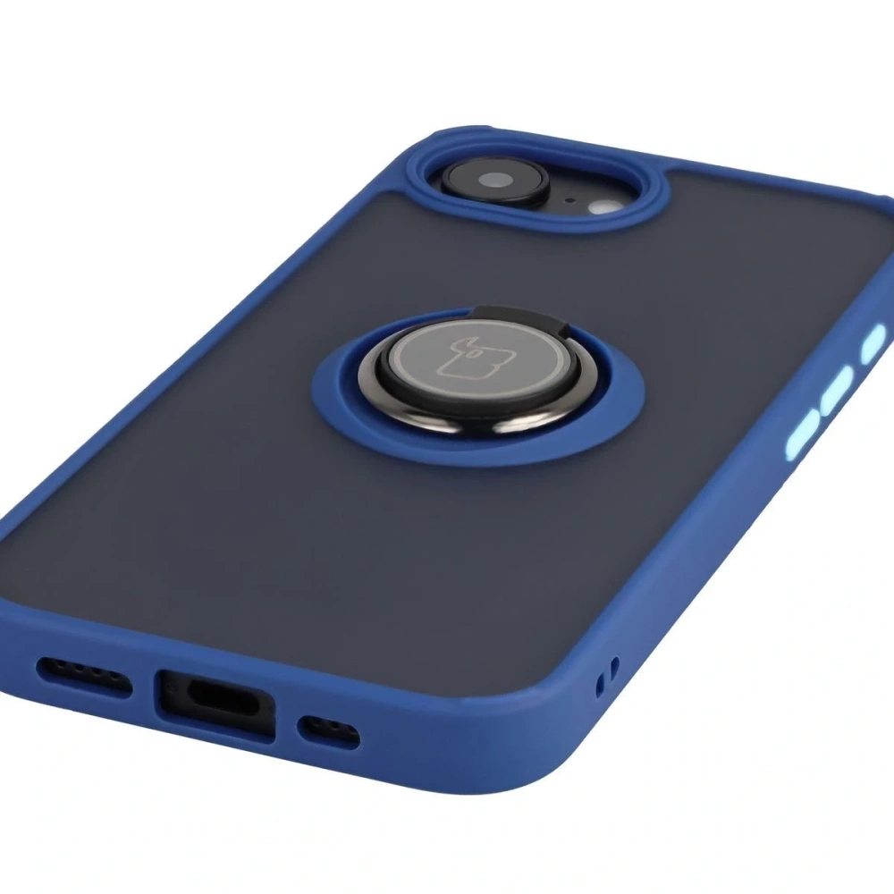 Etui z uchwytem na palec Bizon Case Hybrid Ring do Apple iPhone 16e przydymione z granatową ramką