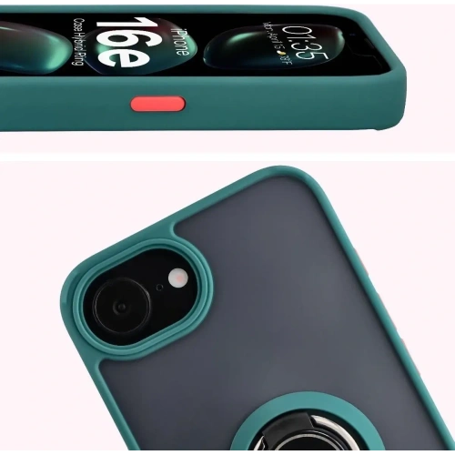 Etui z uchwytem na palec Bizon Case Hybrid Ring do Apple iPhone 16e przydymione z ciemnozieloną ramką