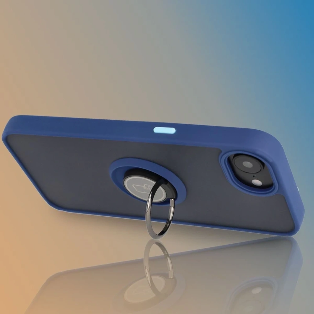 Etui z uchwytem na palec Bizon Case Hybrid Ring do Apple iPhone 16e przydymione z granatową ramką