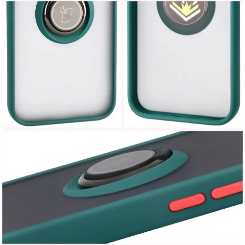 Etui z uchwytem na palec Bizon Case Hybrid Ring do Apple iPhone 16e przydymione z ciemnozieloną ramką