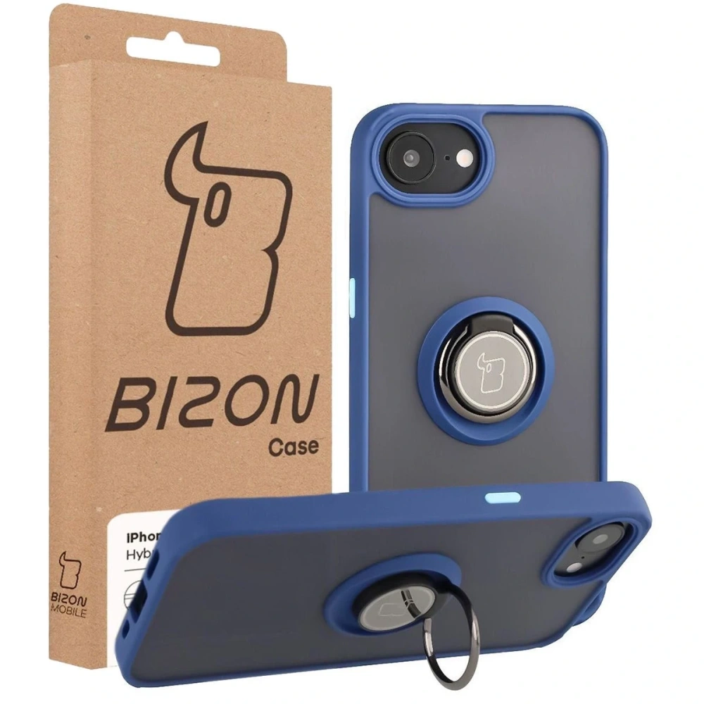 Etui z uchwytem na palec Bizon Case Hybrid Ring do Apple iPhone 16e przydymione z granatową ramką