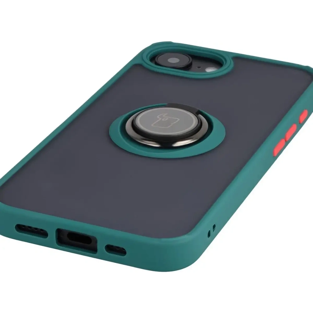 Etui z uchwytem na palec Bizon Case Hybrid Ring do Apple iPhone 16e przydymione z ciemnozieloną ramką